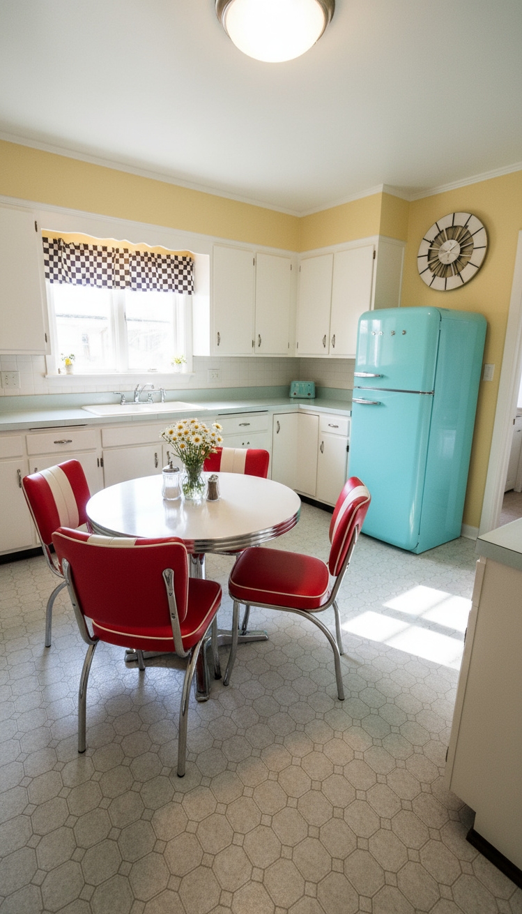 Light Grey Floors Kitchen - Light Grey Floors: Retro Kitchen Charm - Light grey linoleum floors lay the foundation for...