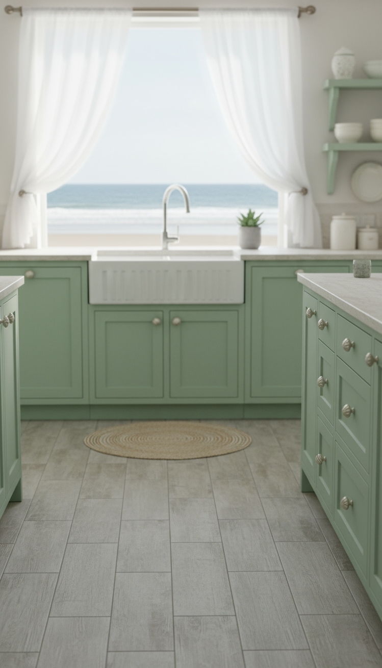 Light Grey Floors Kitchen - Light Grey Floors: Coastal Kitchen Dreams - The light grey, weathered wood-look tile floors immediately...