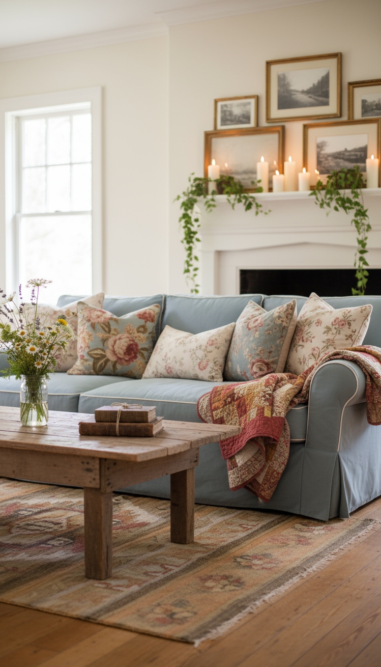 Light Blue Couch Living Room Ideas - Light Blue Couch: Rustic Living Room Charm - This light blue slipcovered sofa instantly invites you...