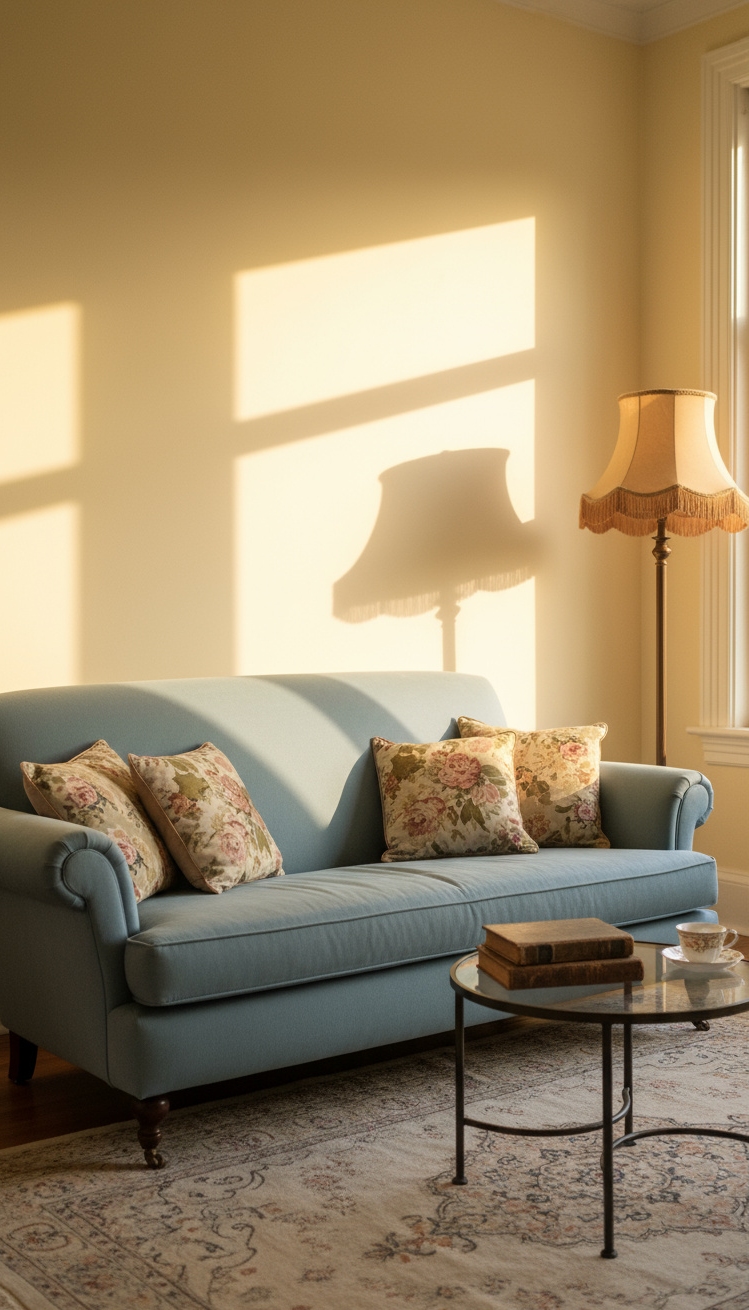 Light Blue Couch Living Room Ideas - Light Blue Couch: Vintage Living Room - This light blue velvet loveseat immediately draws you...