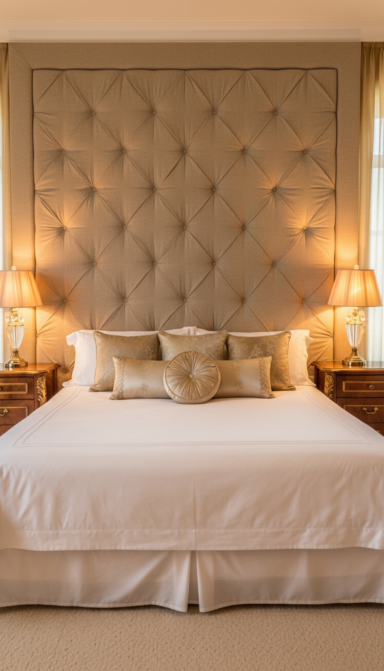 Accent Wall Behind Bed - Upholstered Accent Wall: Bedroom Glamour - The padded headboard steals the show, rising from...