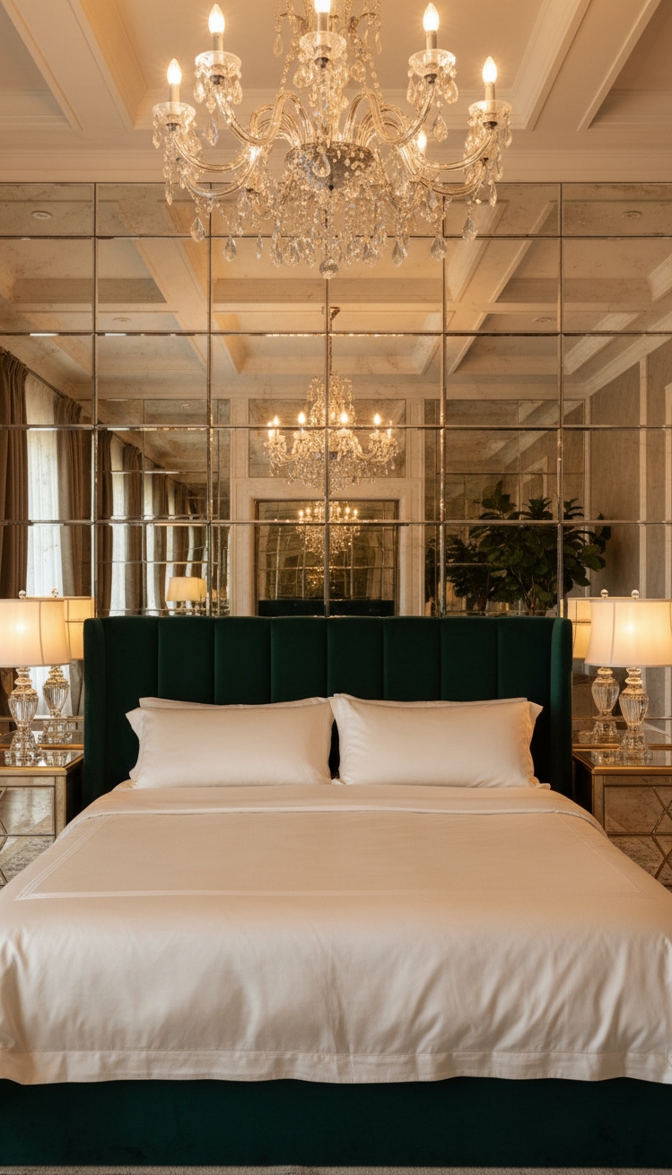 Accent Wall Behind Bed - Mirrored Accent Wall: Bedroom Glamour - The mirrored accent wall immediately amplifies the room's...