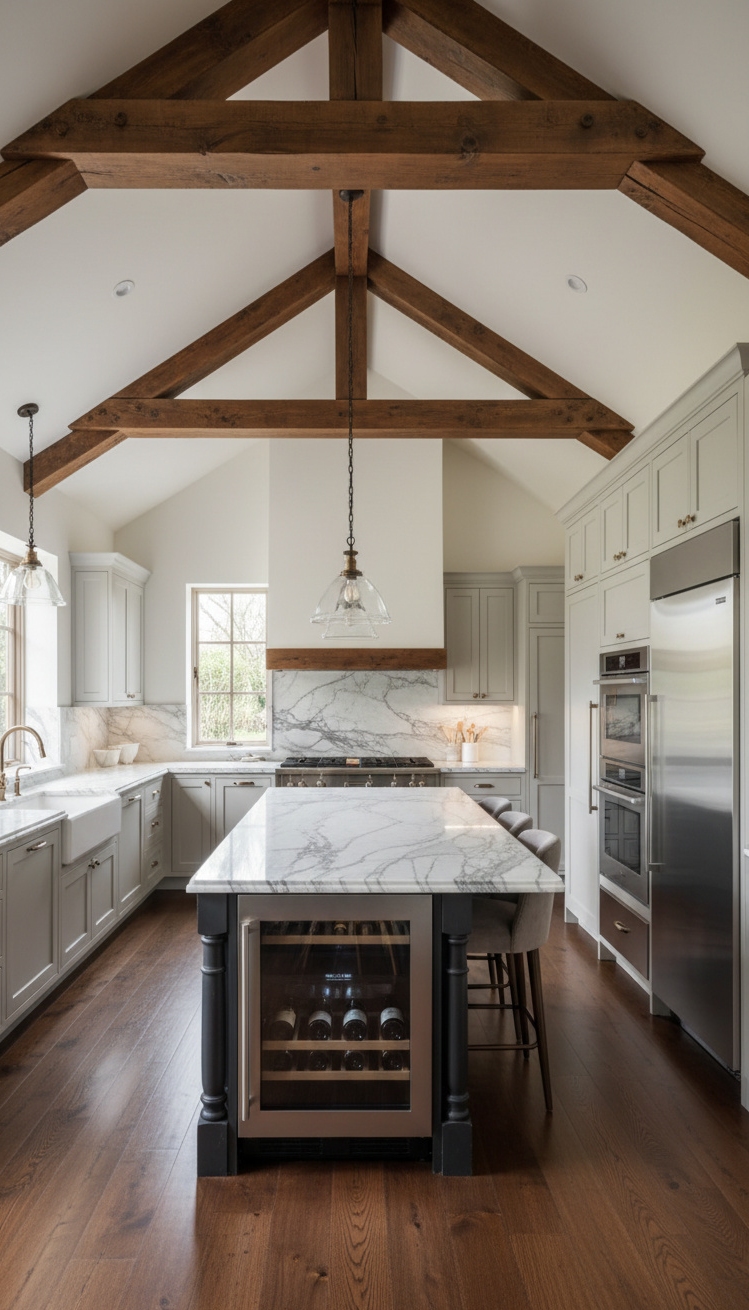 exposed beams kitchen - Exposed Beams: Kitchen Design Statement - exposed beams kitchen - These dark wood beams command attention as they...