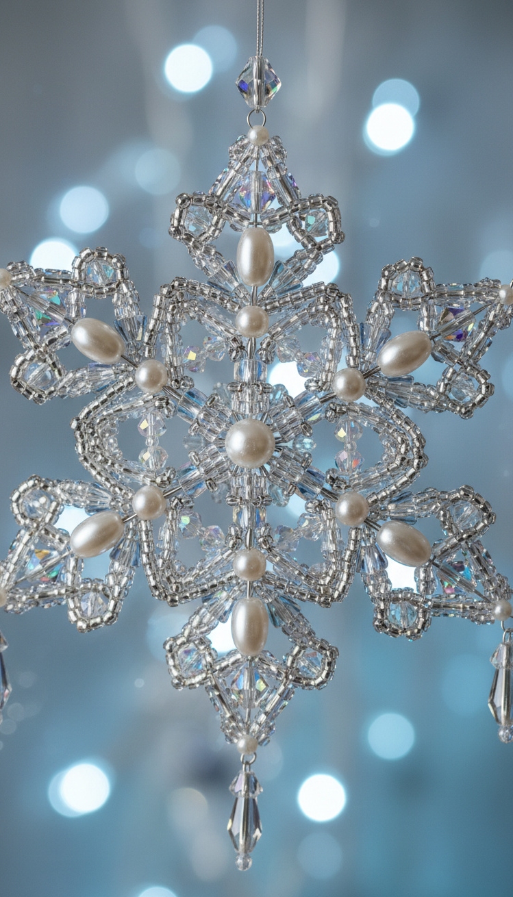 christmas ornament crafts - Beaded Snowflake Ornament Design Details - These beaded snowflakes catch the light just so....