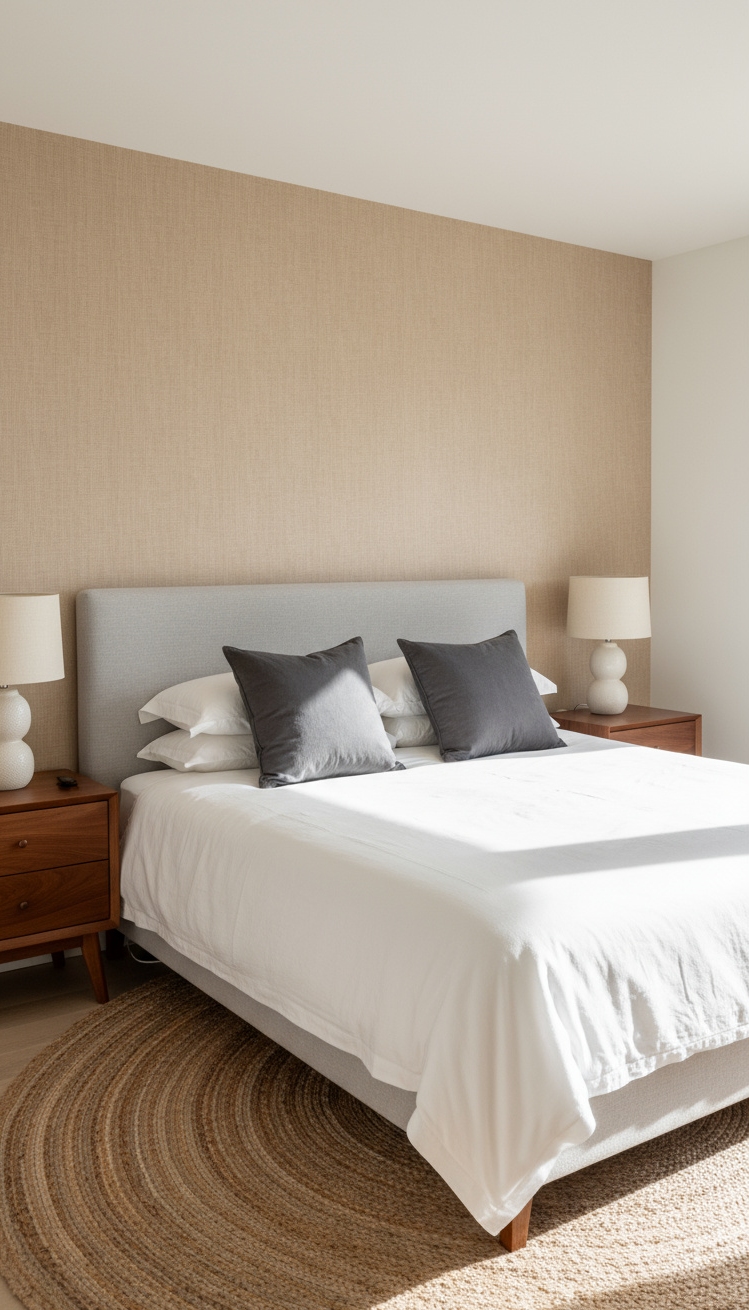 Accent Wall Behind Bed - Textured Accent Wall: Bedroom Oasis - The textured wallpaper creates a serene focal point,...