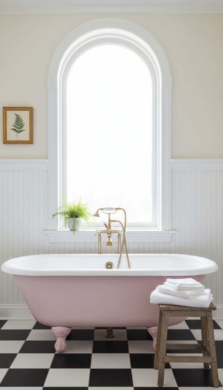 Trending Bathroom Colors - Trending Bathroom Colors: Pastel Pink Perfection - This clawfoot tub, bathed in Behr's Pink Quartz,...