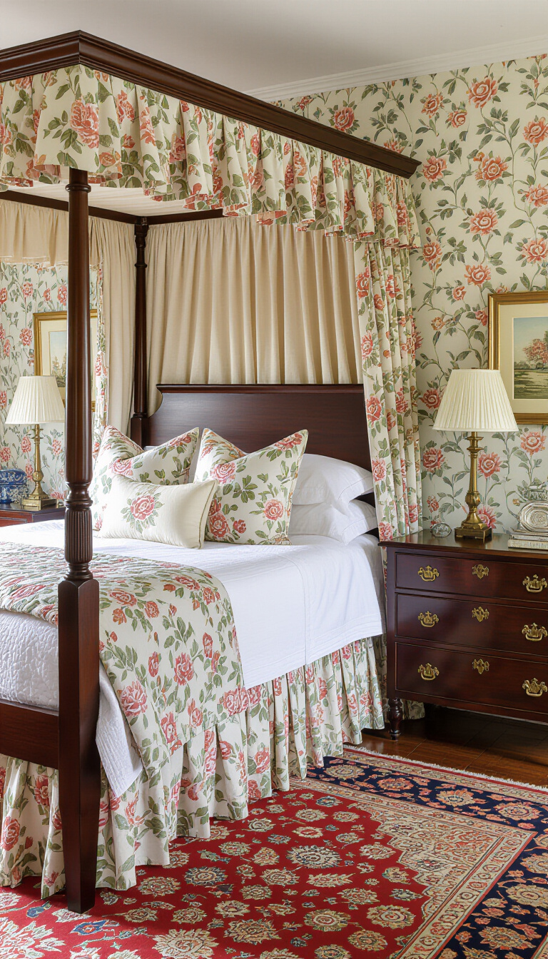 luxurious bedroom ideas - Floral & Antique Bedroom Elegance - Sink into the sumptuous embrace of this English-inspired...