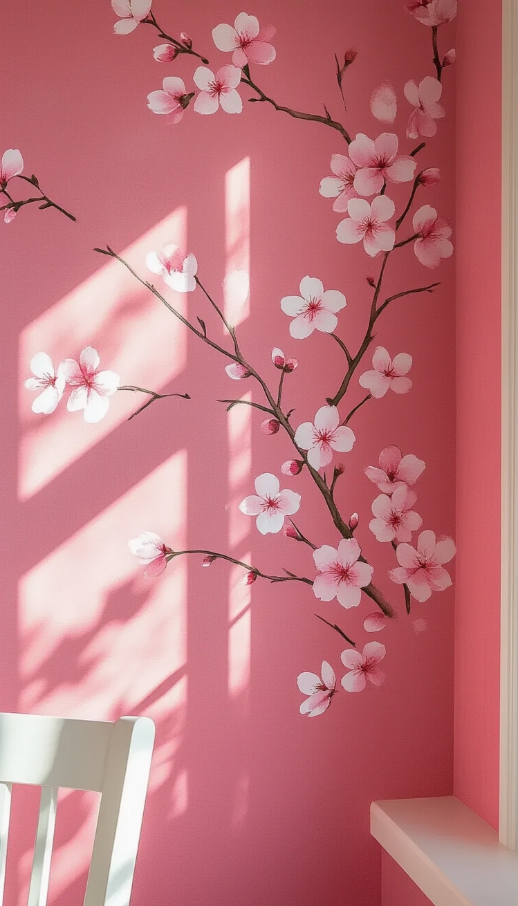 Deep Pink Wallpaper - Deep Pink Wallpaper: Watercolor Cherry Blossoms - This deep pink wallpaper immediately draws you in...
