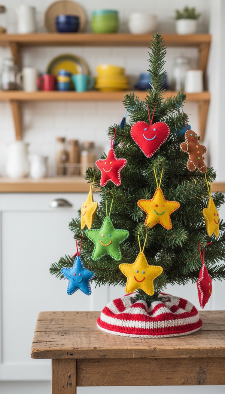 christmas tree decor ideas - Bright & Cheerful Christmas Tree Decor - This tabletop Christmas tree radiates handmade charm with...