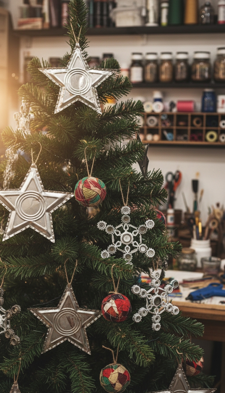 christmas tree decor ideas - Recycled Christmas: Creative Tree Decor - This Christmas tree sparkles with homespun charm, each...