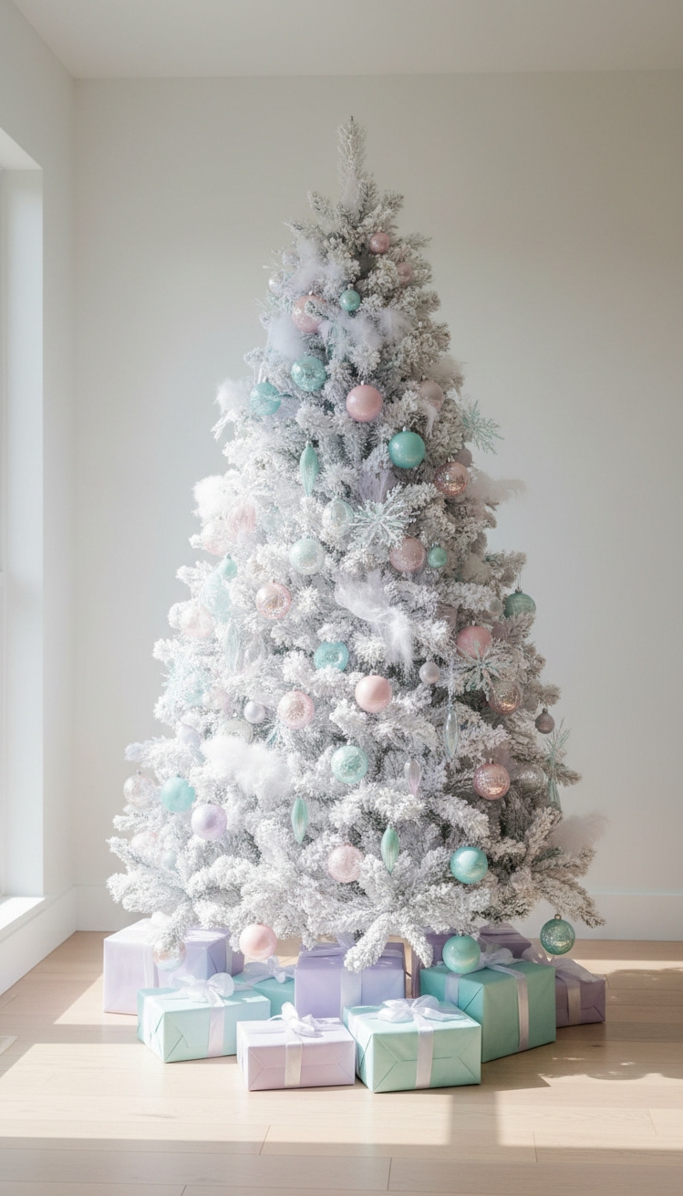 christmas tree decor ideas - Pastel Christmas Tree Decor Inspiration - This flocked Christmas tree practically glows, its snowy...