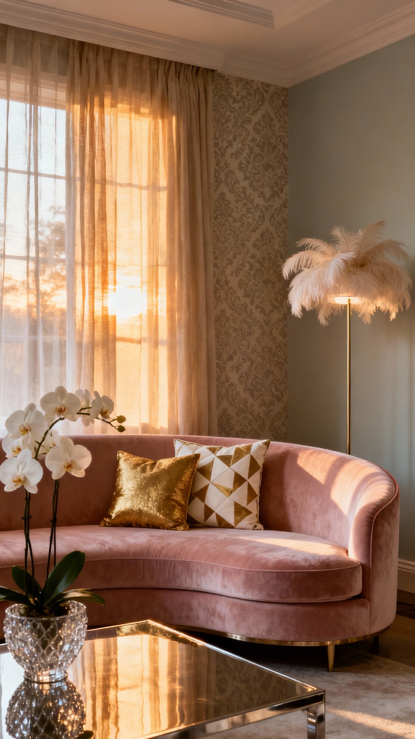 Glamorous transitional living room - Blush Velvet and Golden Glamour - The blush-pink velvet sofa immediately draws your eye,...