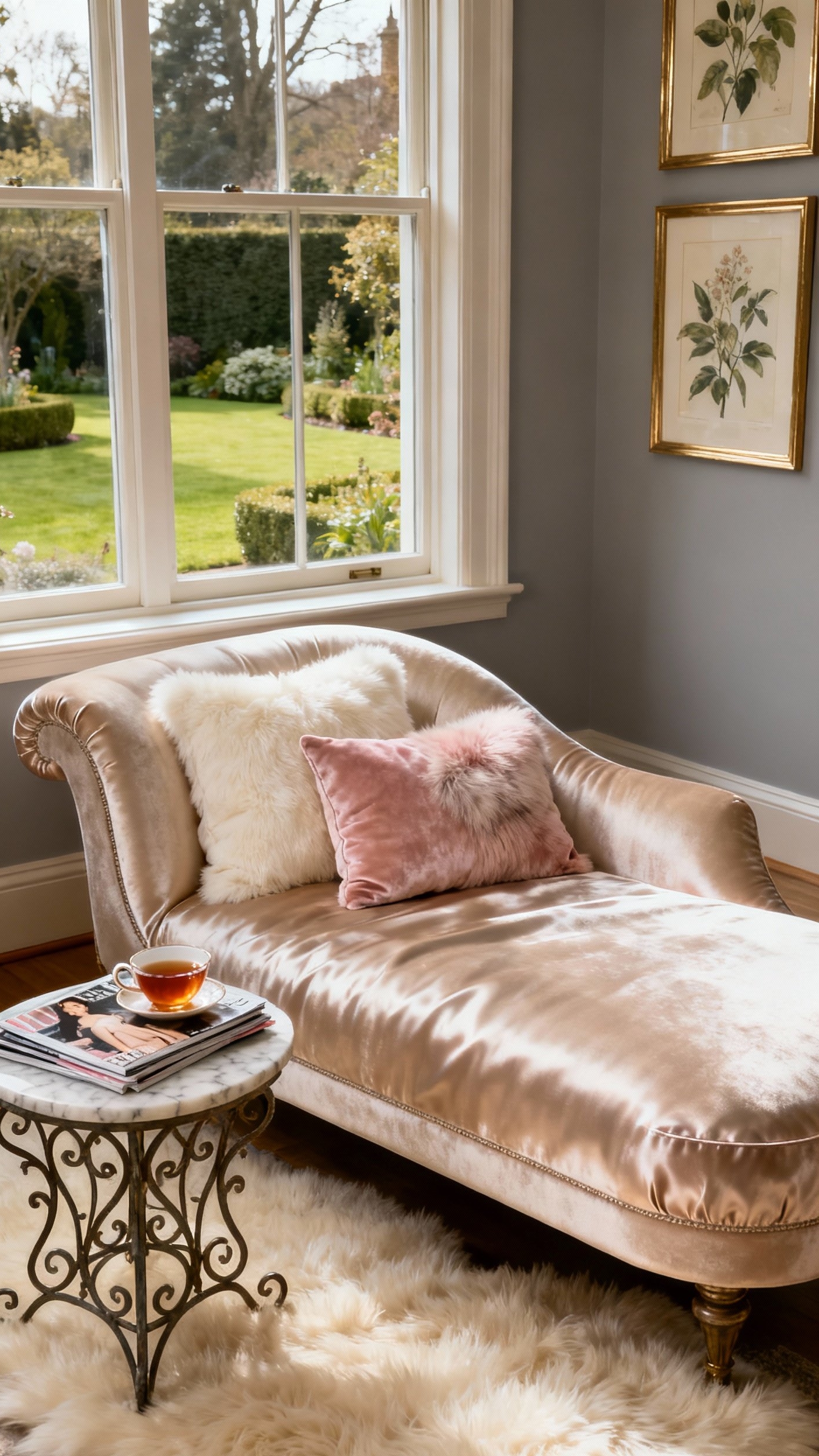 Glamorous transitional living room - Champagne Dreams: Glamorous Transitional Living - The champagne silk chaise lounge immediately draws you...