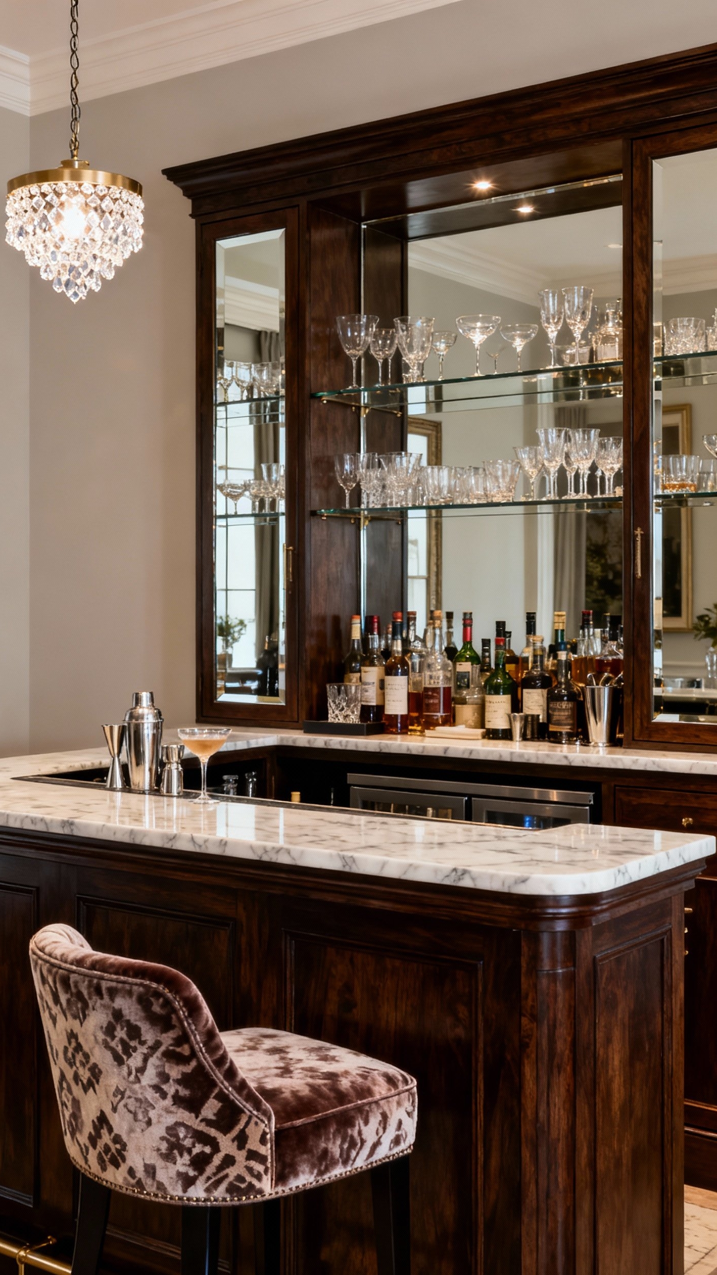 Glamorous transitional living room - Glamorous Transitional Living Room: Bar Spotlight - The custom-built bar area immediately commands attention with...