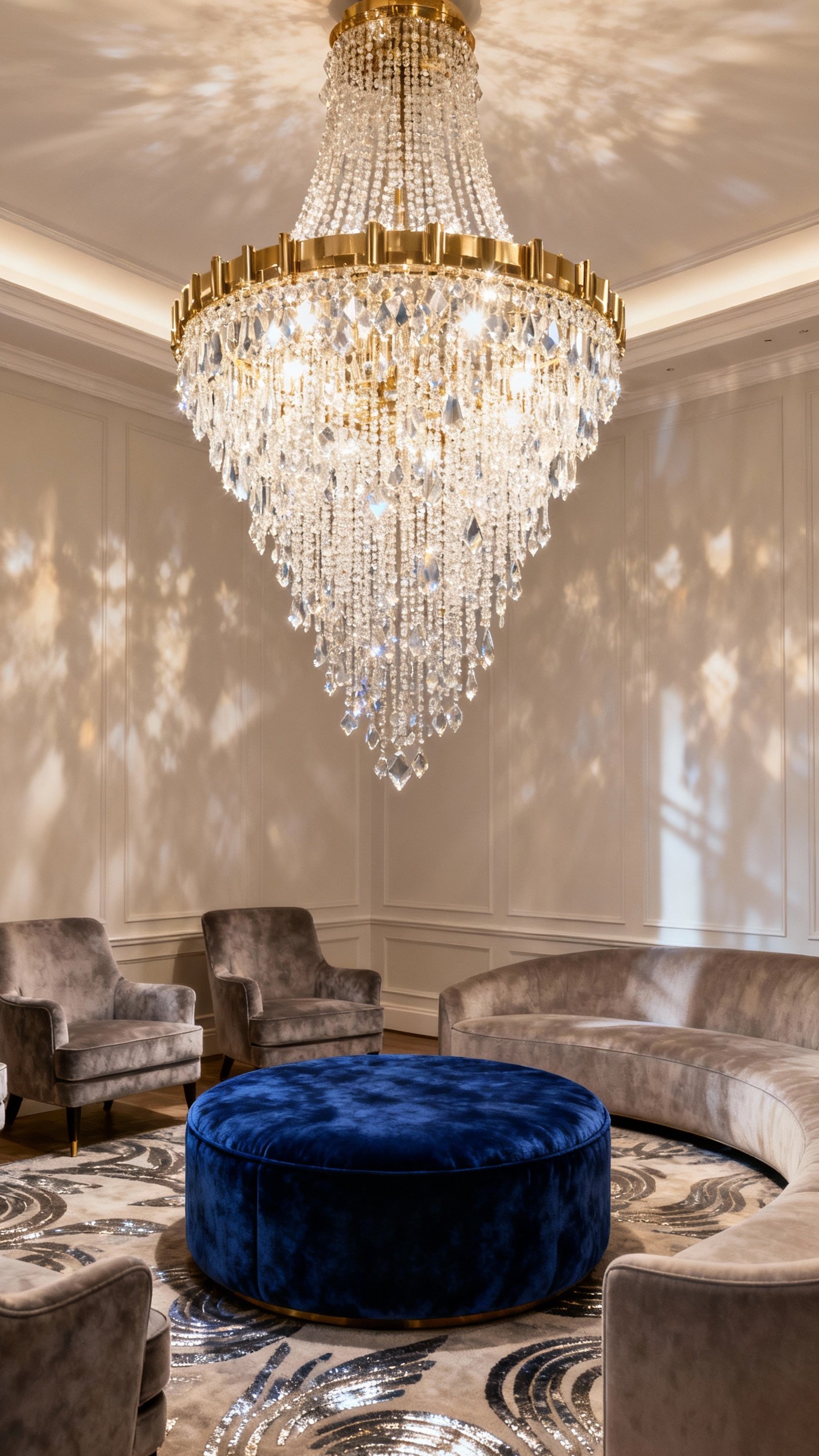 Glamorous transitional living room - Dazzling Chandeliers in Glamorous Living Rooms - The cascading crystal chandelier steals the show, doesn't...