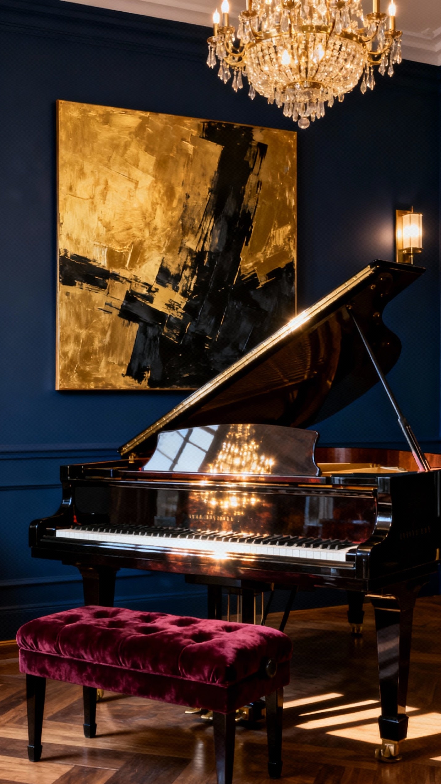 Glamorous transitional living room - Glamorous Transitional Living Room Design - The ebony grand piano immediately commands attention, its...