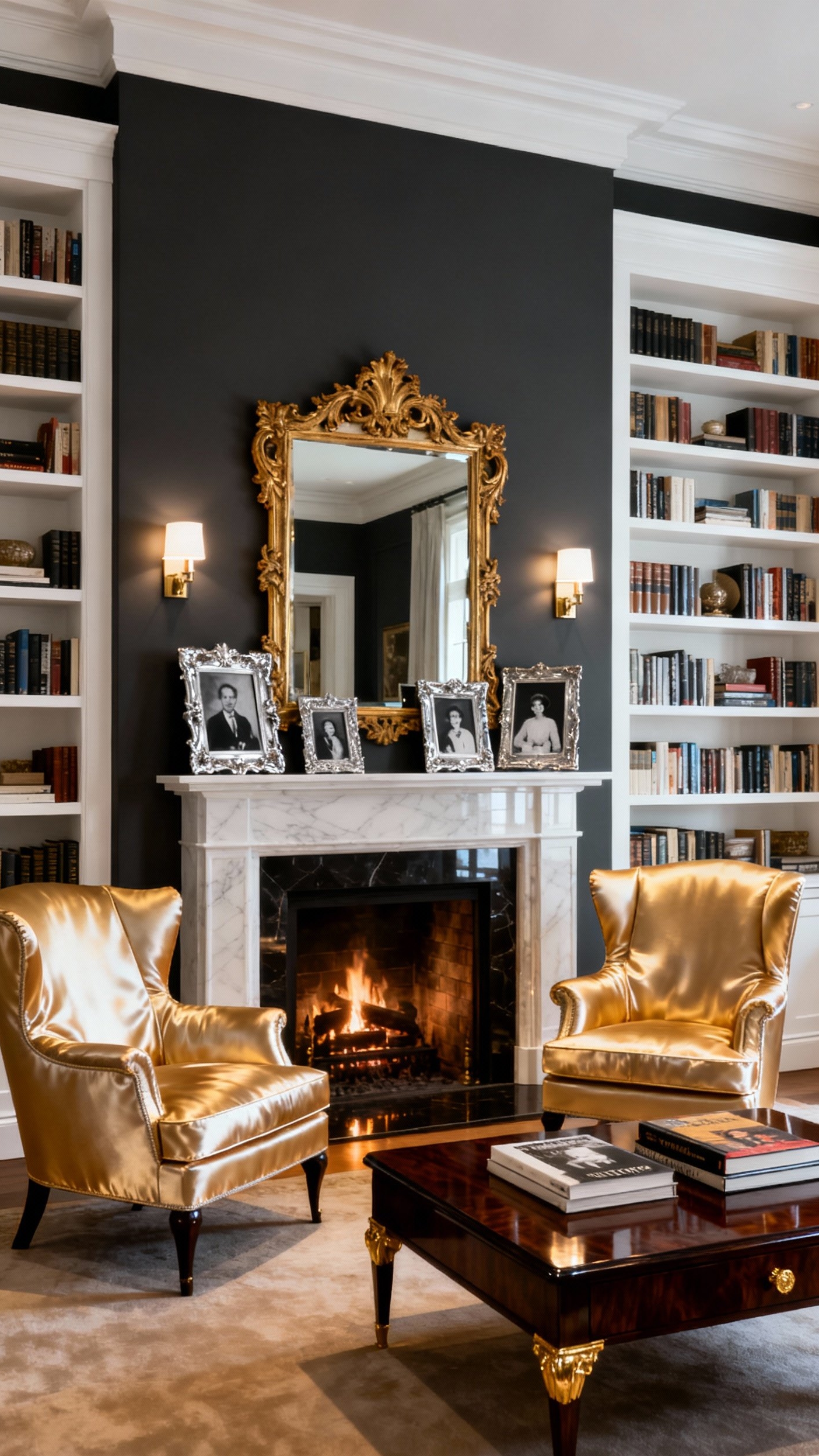 Glamorous transitional living room - Glamorous Transitional Living Room Fireplace - The dramatic fireplace instantly commands attention in this...