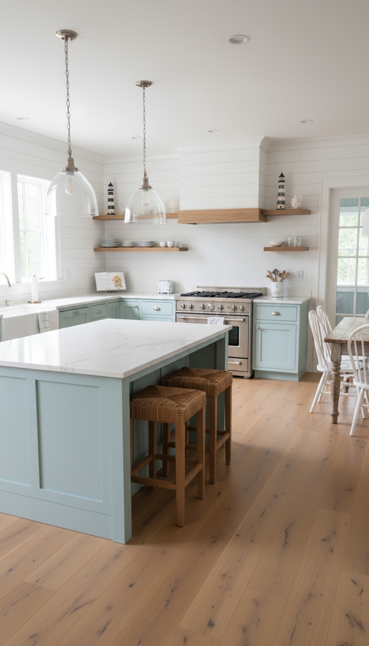 open kitchen ideas - Coastal Kitchen Island Dreams - The robin's-egg blue kitchen island immediately draws your...