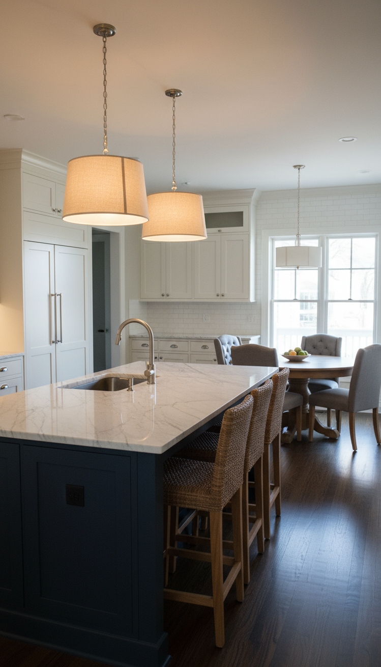 open kitchen ideas - Navy Island: Open Kitchen Focal Point - That navy-blue kitchen island immediately draws your eye,...