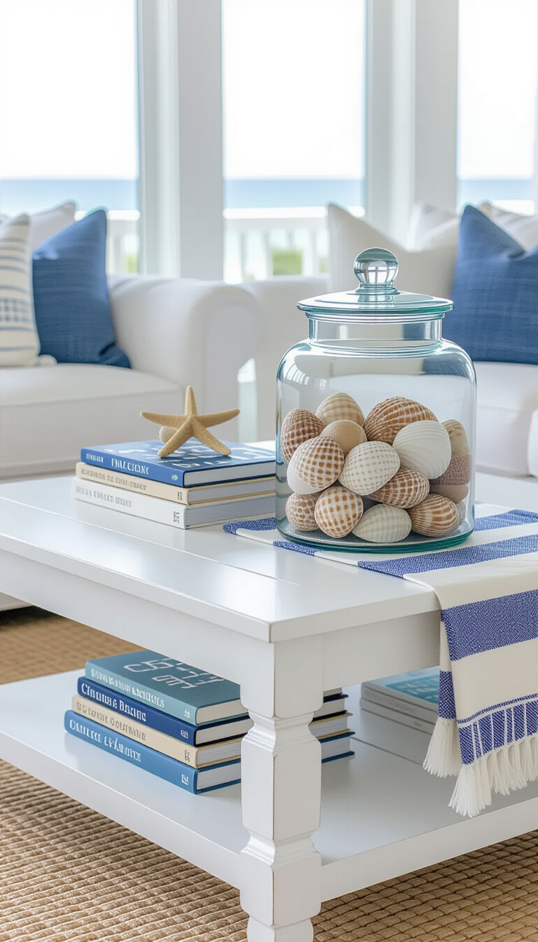 coffee table decor living room - Coastal Coffee Table Decor Ideas - This coastal coffee table vignette whispers of seaside...