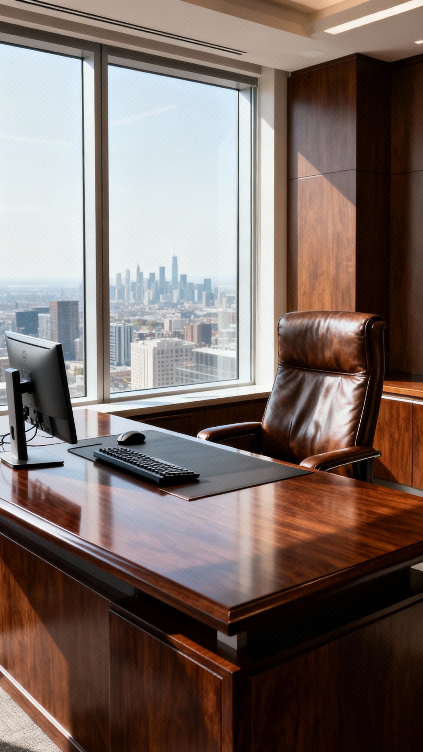 office design ideas - Elevated Office Design: Views and Vision - The dark wood executive desk immediately commands attention,...