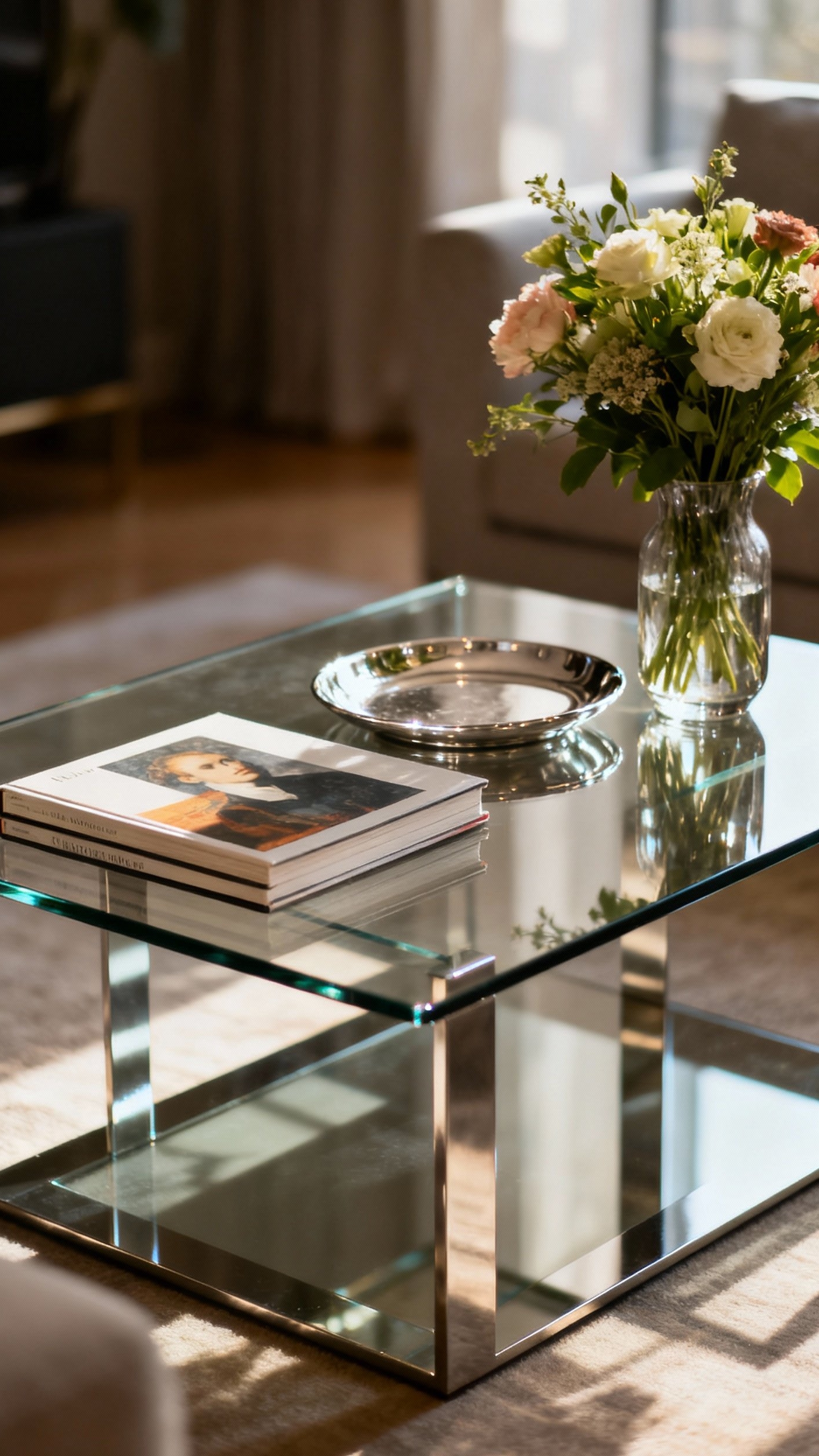 Glamorous transitional living room - Glamorous Coffee Table Styling Ideas - The glass and metal coffee table anchors this...