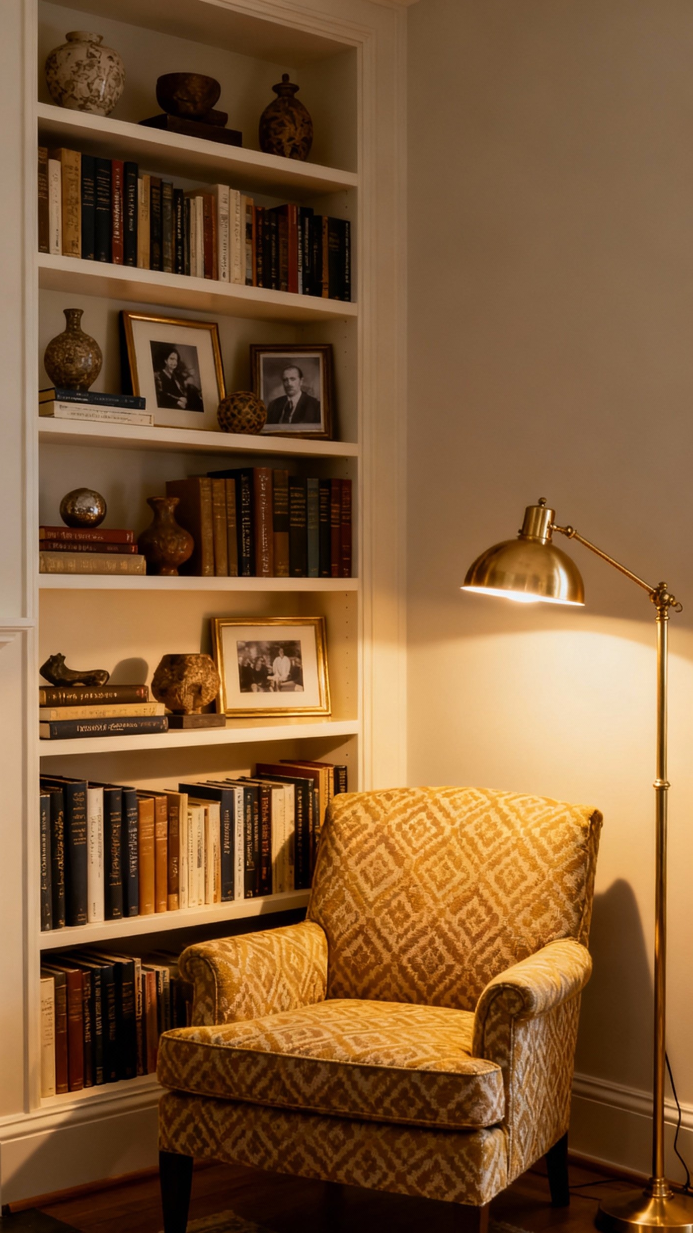 Glamorous transitional living room - Glamorous Transitional Living Room Design - Glamorous transitional living room - The built-in bookcase immediately draws your eye, a...