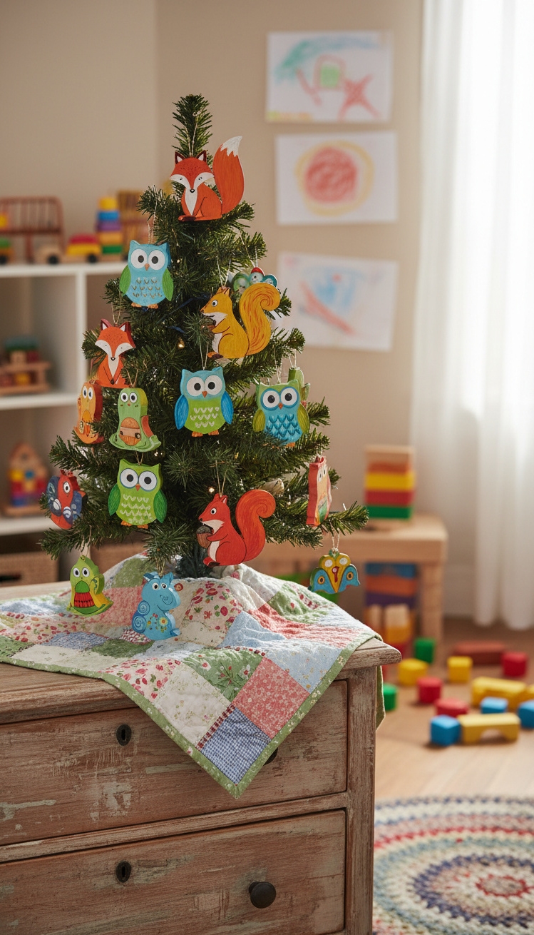 christmas tree decor ideas - Colorful Woodland Christmas Tree Design - This tabletop Christmas tree bursts with childlike wonder,...