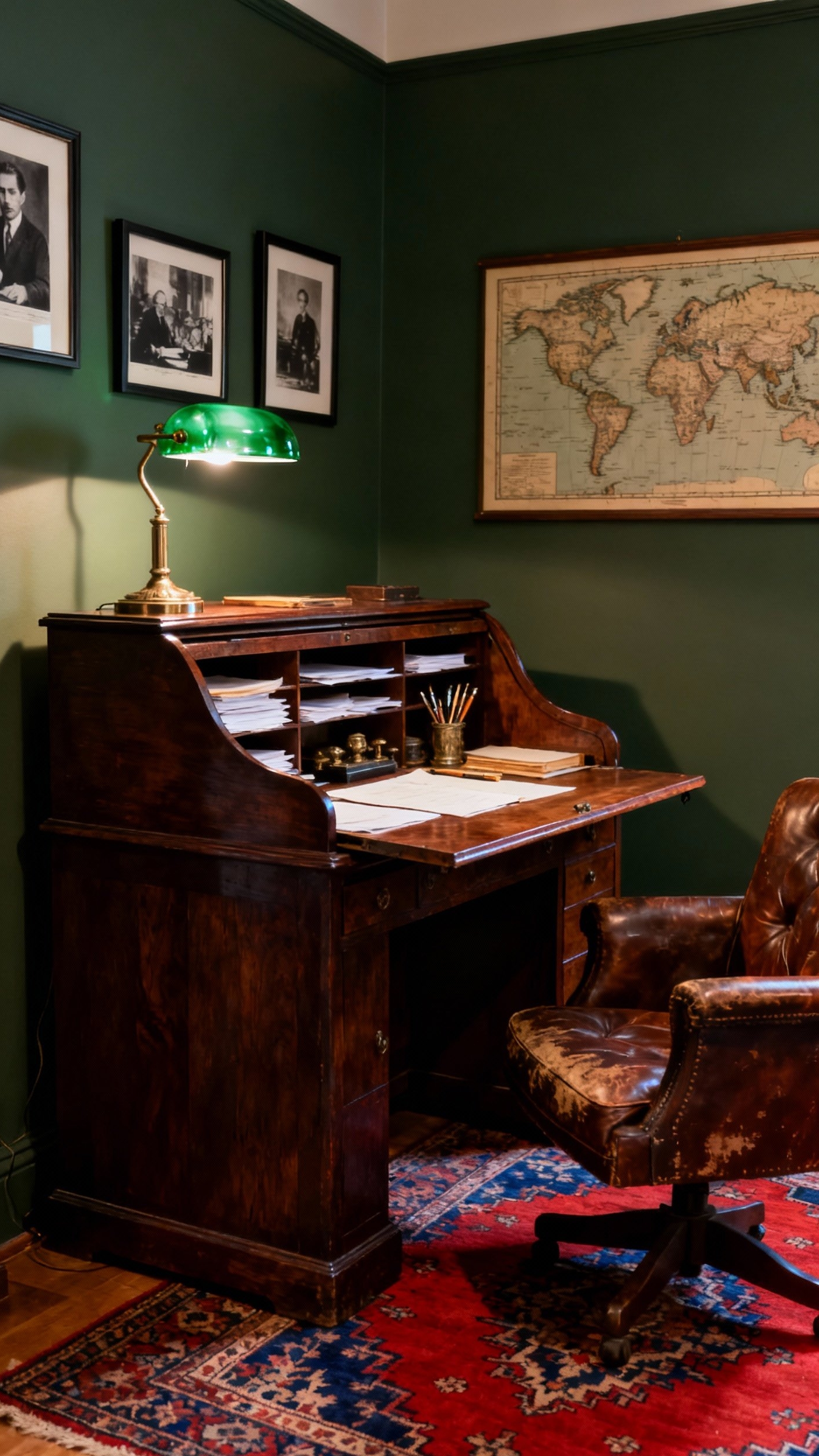 office design ideas - Mahogany & Maps: Vintage Office Design - This mahogany roll-top desk immediately grabs your attention...