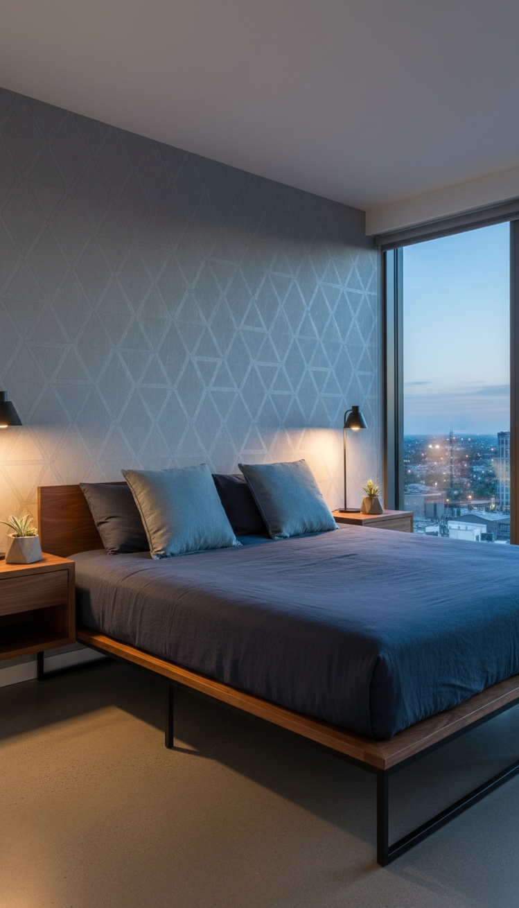 Male Bedroom Ideas - Modern Male Bedroom: Dusk Serenity - That navy linen duvet instantly draws you in,...