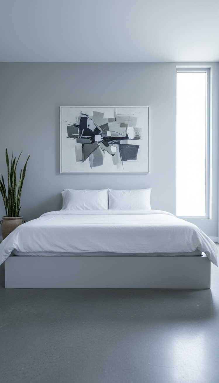 serene interior colors - Serene Spaces: Designing with Cool Grays - The platform bed immediately draws your eye, draped...