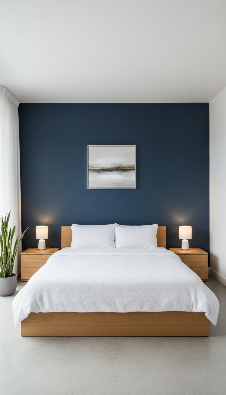 Accent Wall Behind Bed - Bold Accent Wall Bedroom Design - The deep navy accent wall immediately draws your...
