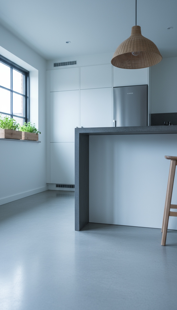 Light Grey Floors Kitchen - Light Grey Floors: Scandinavian Kitchen Serenity - These light grey polished concrete floors create a...