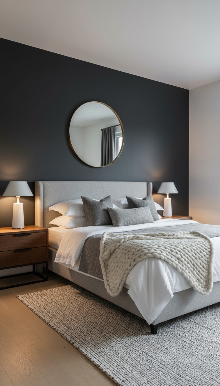 Accent Wall Behind Bed - Dramatic Accent Wall: Bedroom Design - The deep charcoal accent wall immediately draws your...