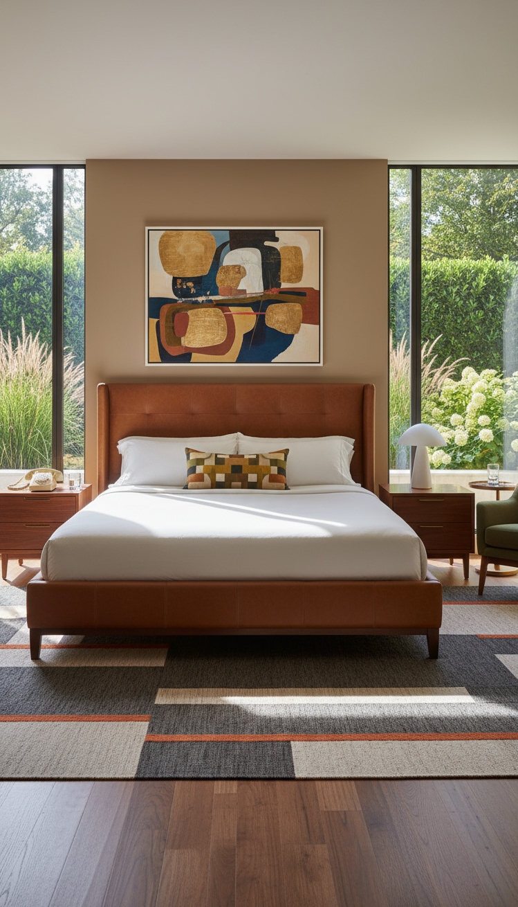 Male Bedroom Ideas - Refined Mid-Century Modern Bedroom Design - The tufted leather headboard immediately commands attention with...