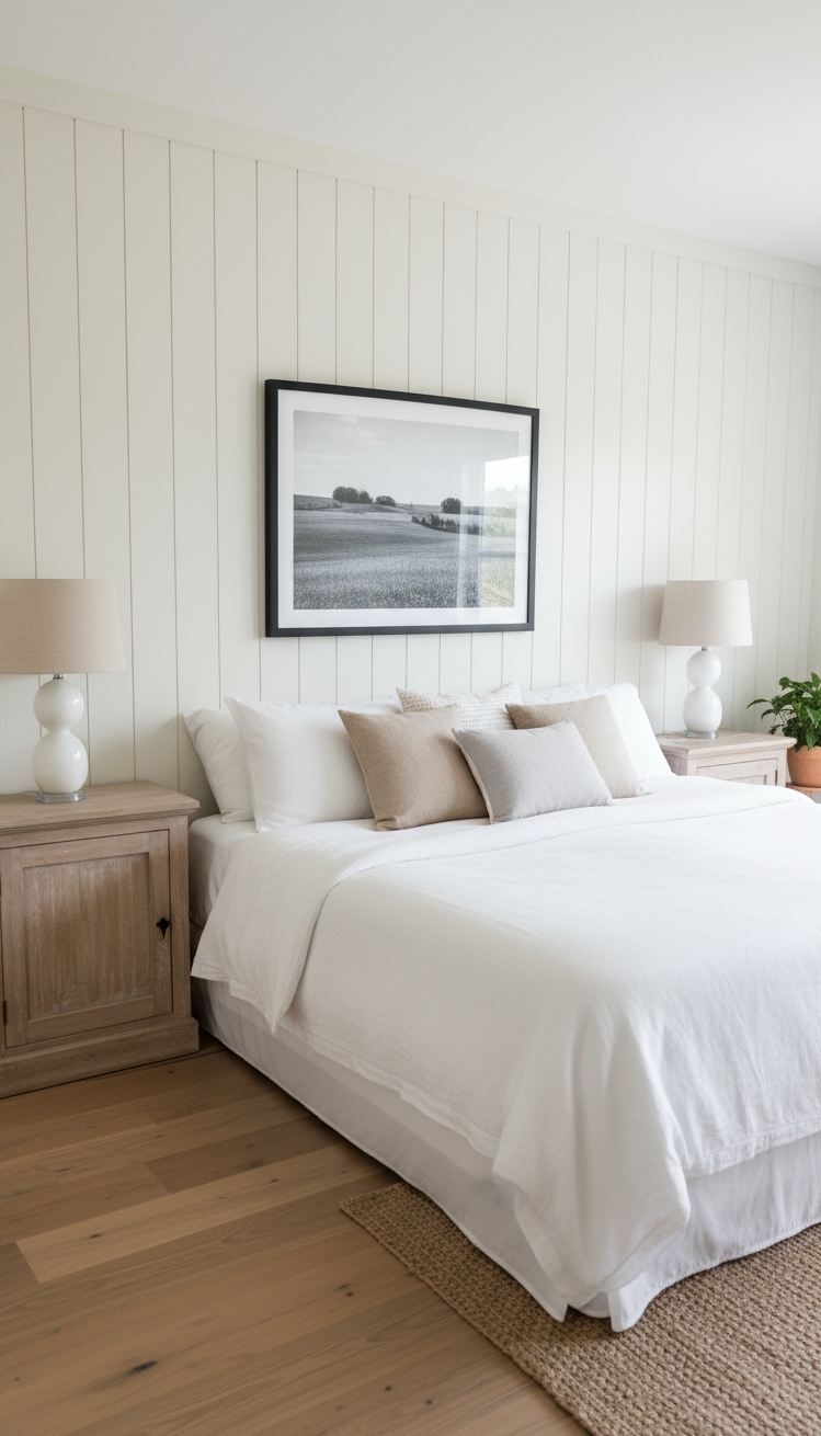 Accent Wall Behind Bed - Shiplap Accent Wall: Farmhouse Bedroom Bliss - The creamy white shiplap accent wall immediately draws...