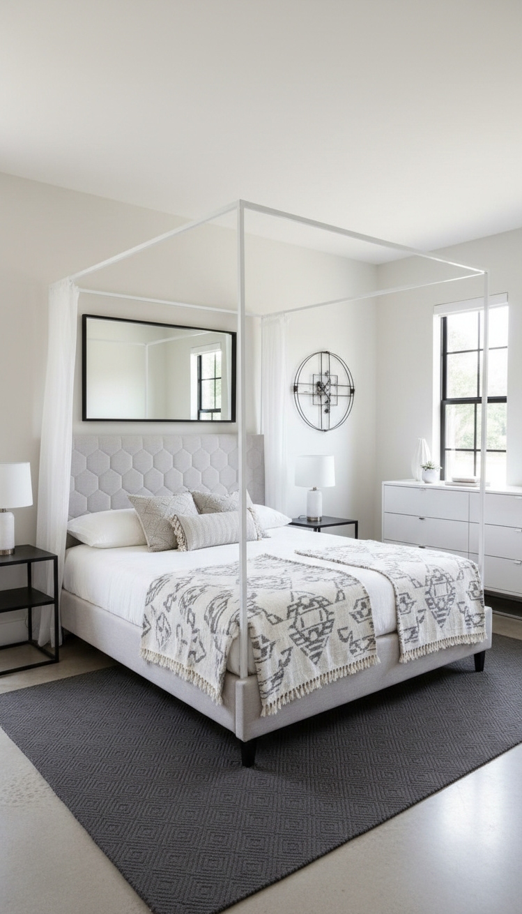 farmhouse bedroom ideas - Farmhouse Bedroom: Modern Design Ideas - These crisp white walls and soft gray textiles...