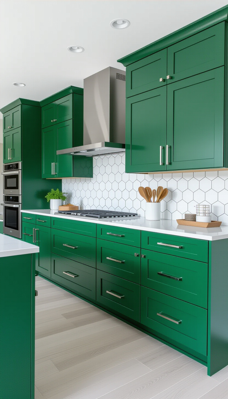 kitchen cabinet colors - Emerald Green Cabinets: Modern Kitchen Design - These emerald green cabinets immediately draw your eye,...