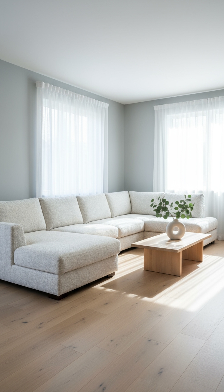 serene interior colors - Serene Spaces: Coastal Fog Interiors - This sectional sofa, draped in textured off-white, immediately...