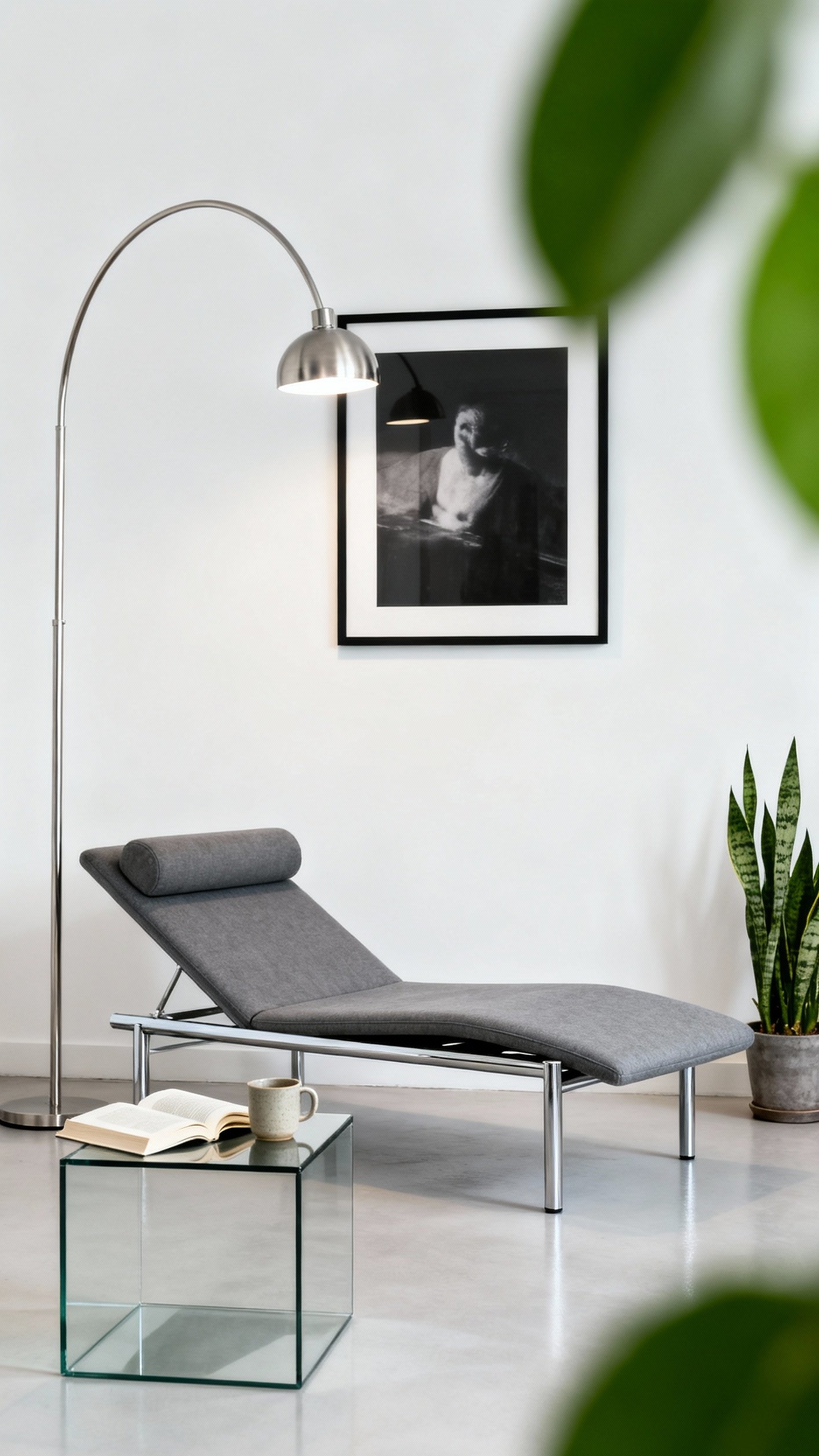 reading nook ideas - Serene Minimalism: A Modern Reading Nook - The sleek chaise lounge invites you to sink...