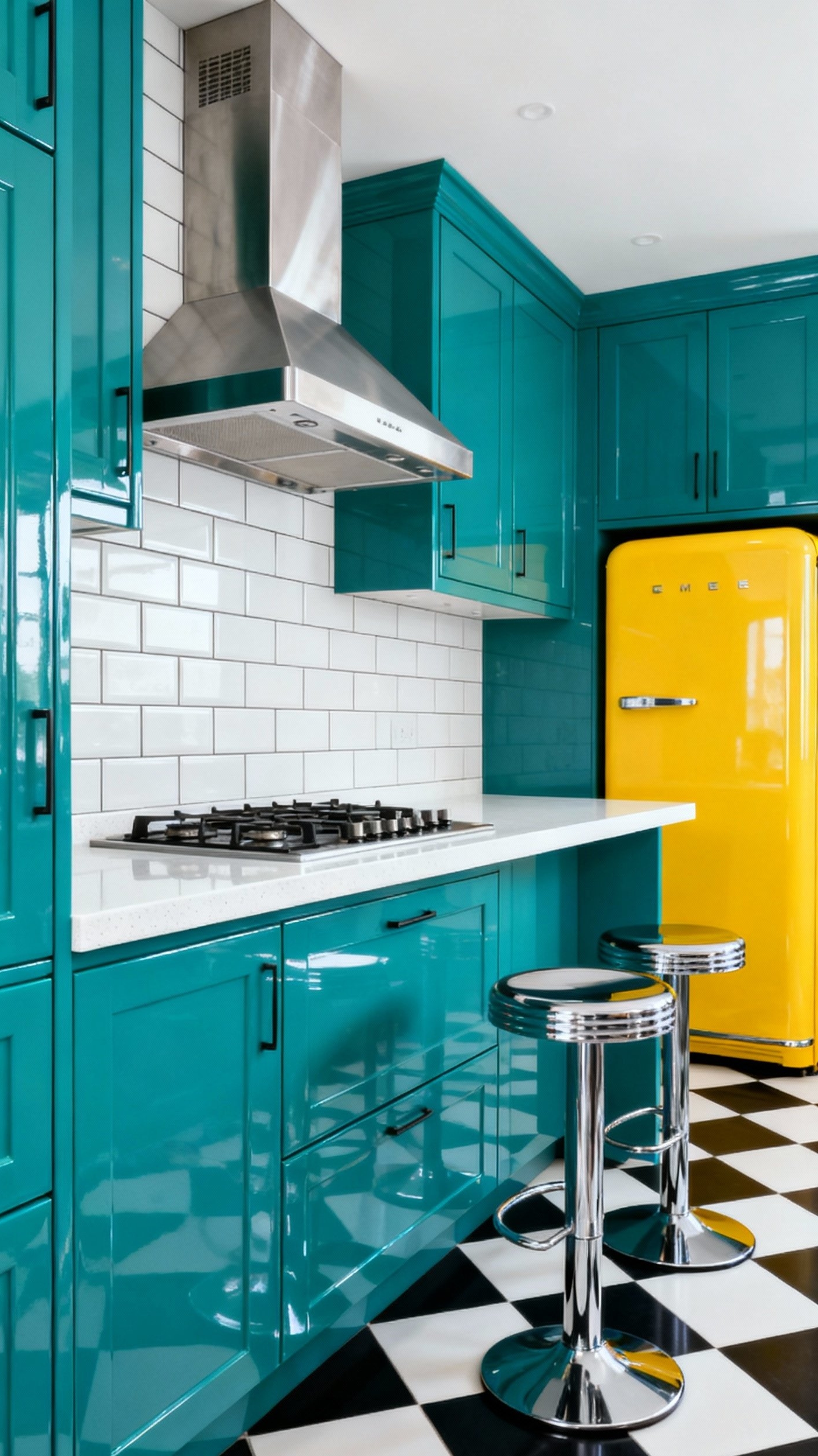 small kitchen ideas - Bold Color, Small Kitchen Design - The glossy, teal cabinets immediately grab your attention,...