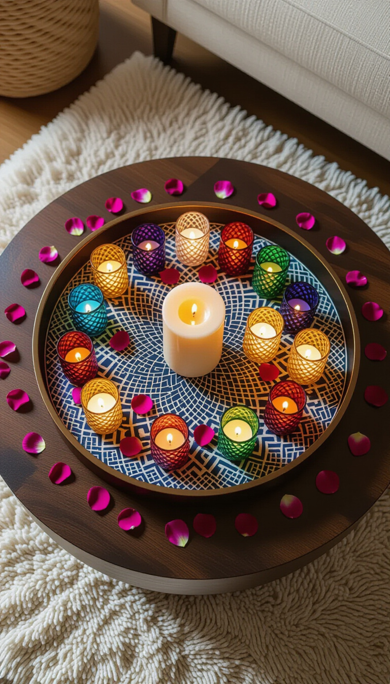 coffee table decor living room - Bohemian Coffee Table Decor Ideas - This Moroccan tray, laden with colorful votives, immediately...