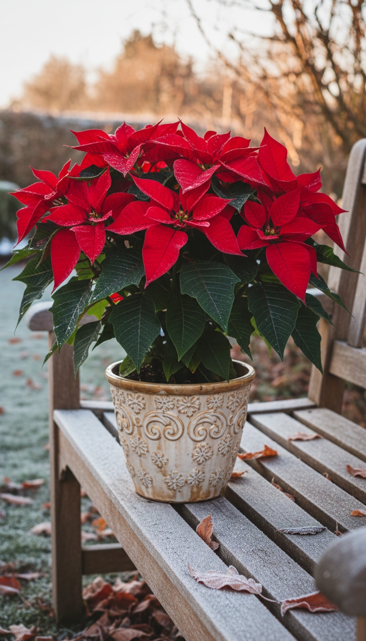 christmas garden decorations - Poinsettia's Red Touch: Garden Christmas - The vibrant poinsettia practically glows, its crimson bracts...