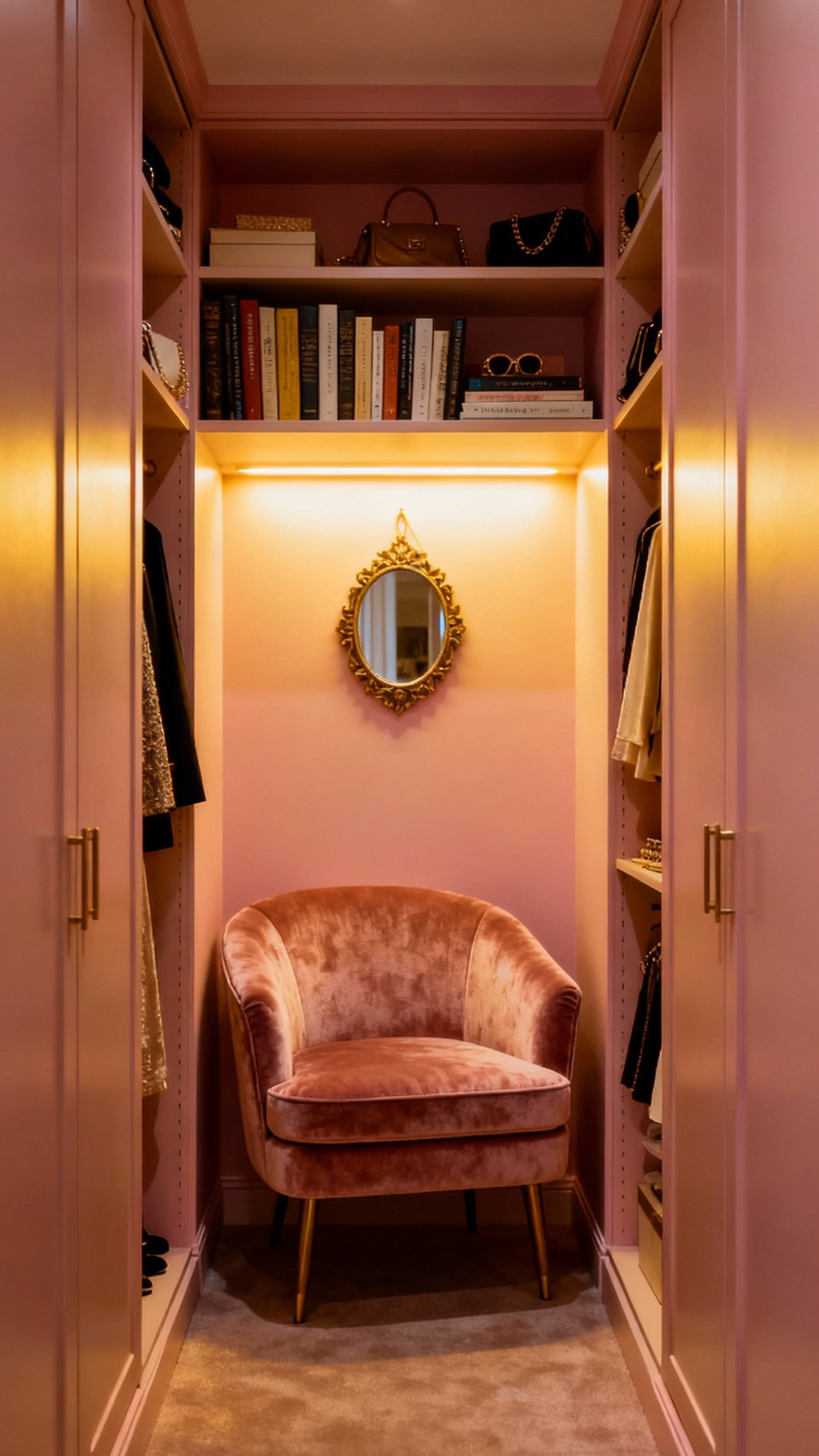 reading nook ideas - Blush Pink Reading Nook Design - This reading nook, carved from a walk-in closet,...