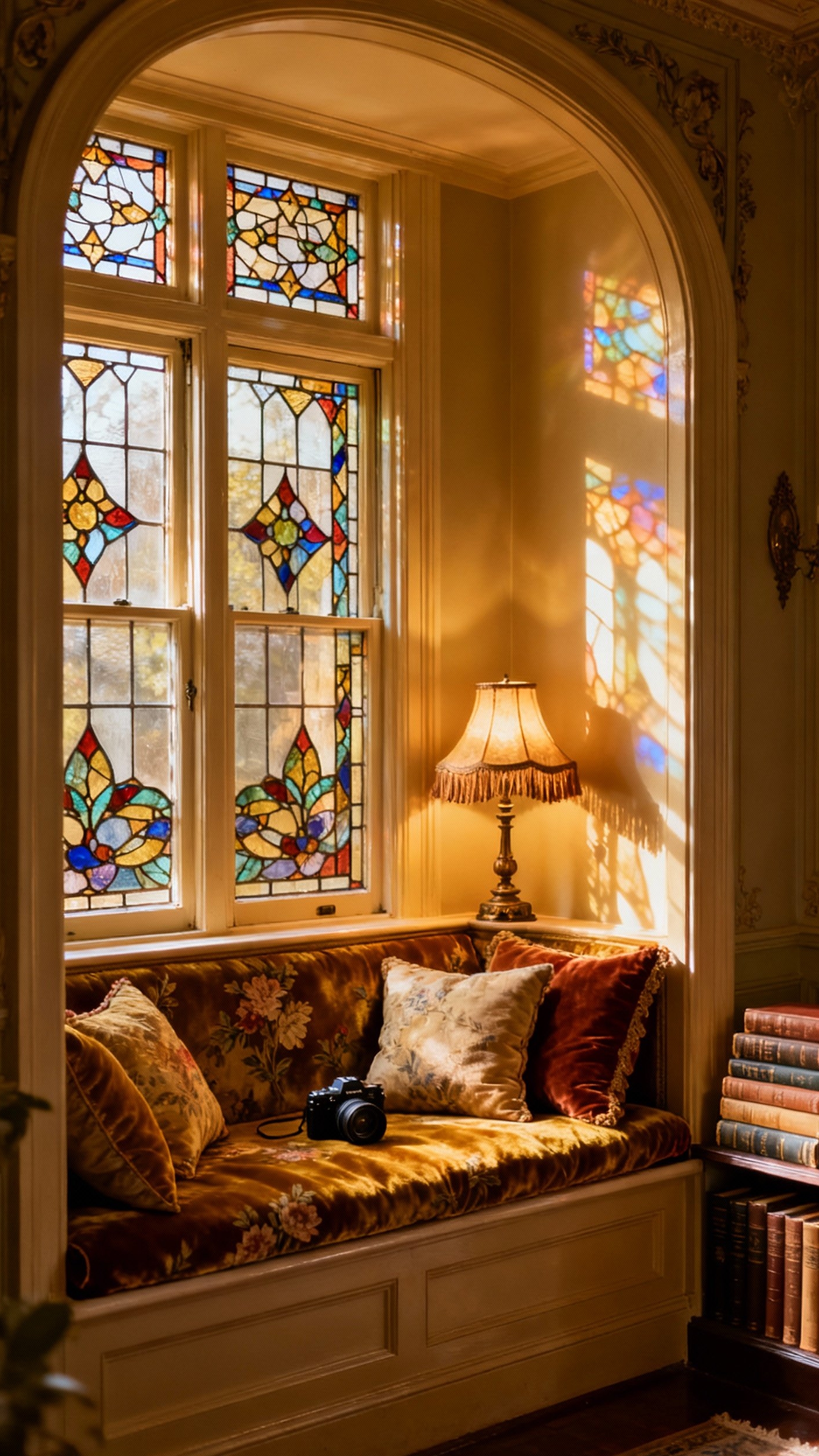 reading nook ideas - Stained Glass & Velvet Reading Nooks - The window seat beckons with its plush, floral...