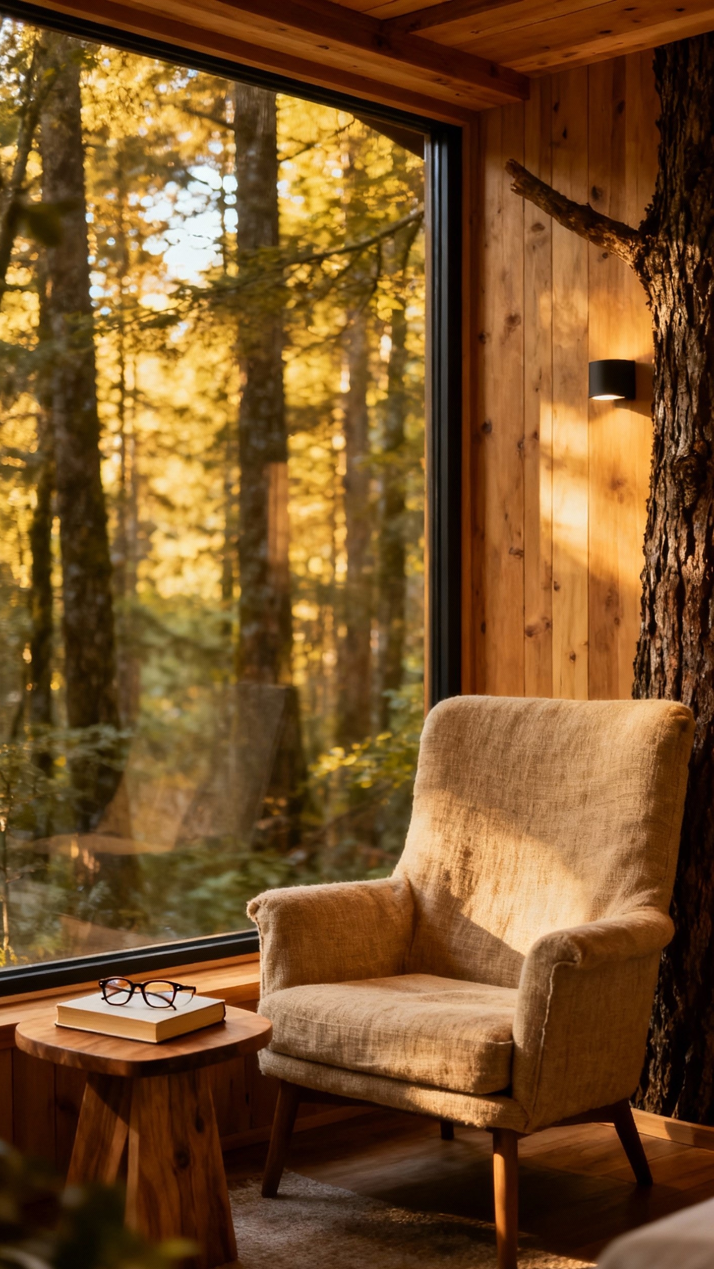 reading nook ideas - Modern Treehouse Reading Nook Design - The expansive window frames a breathtaking forest vista,...