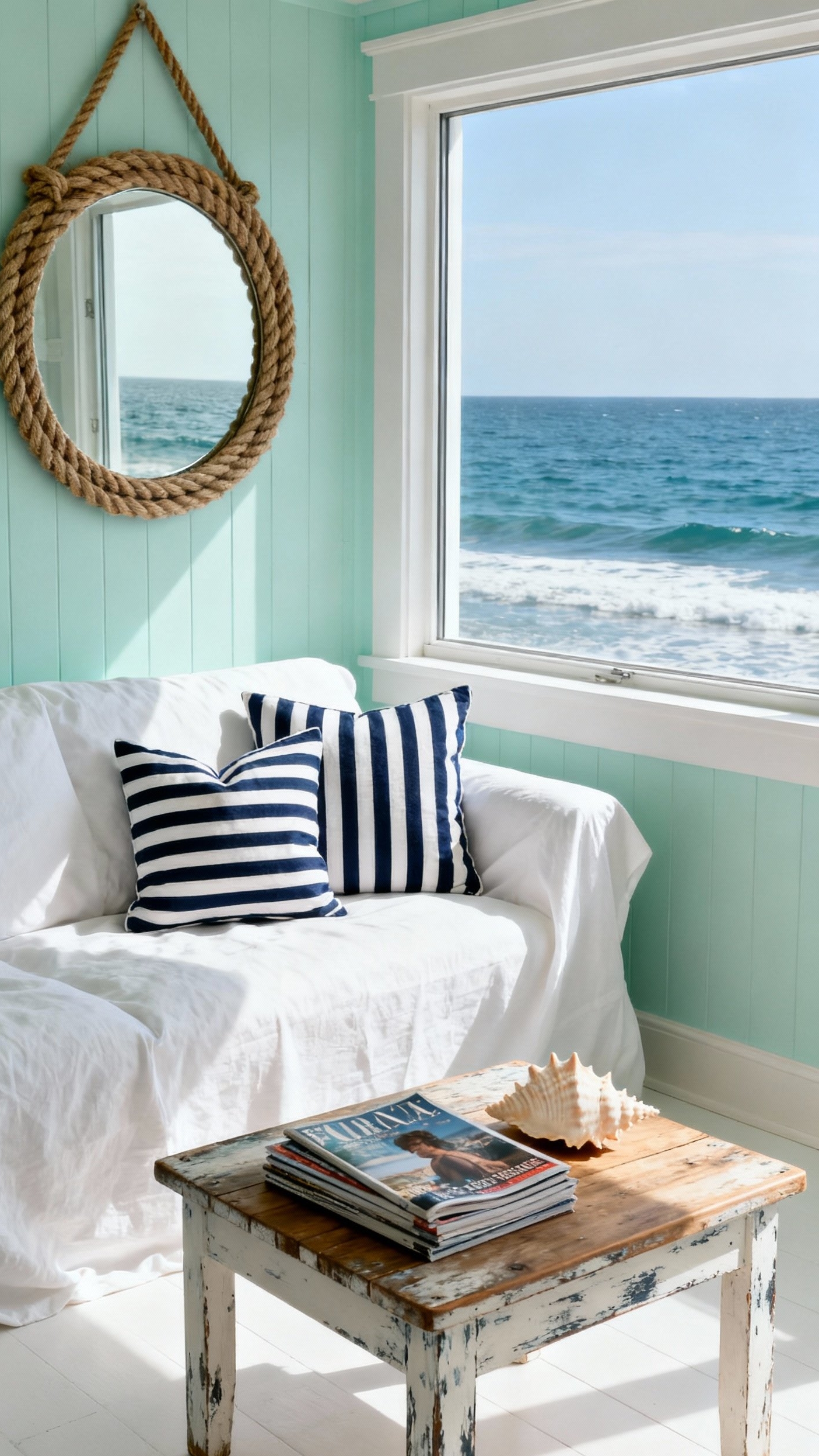 reading nook ideas - Coastal Reading Nook Design Inspiration - The crisp, white slipcovered sofa immediately invites you...