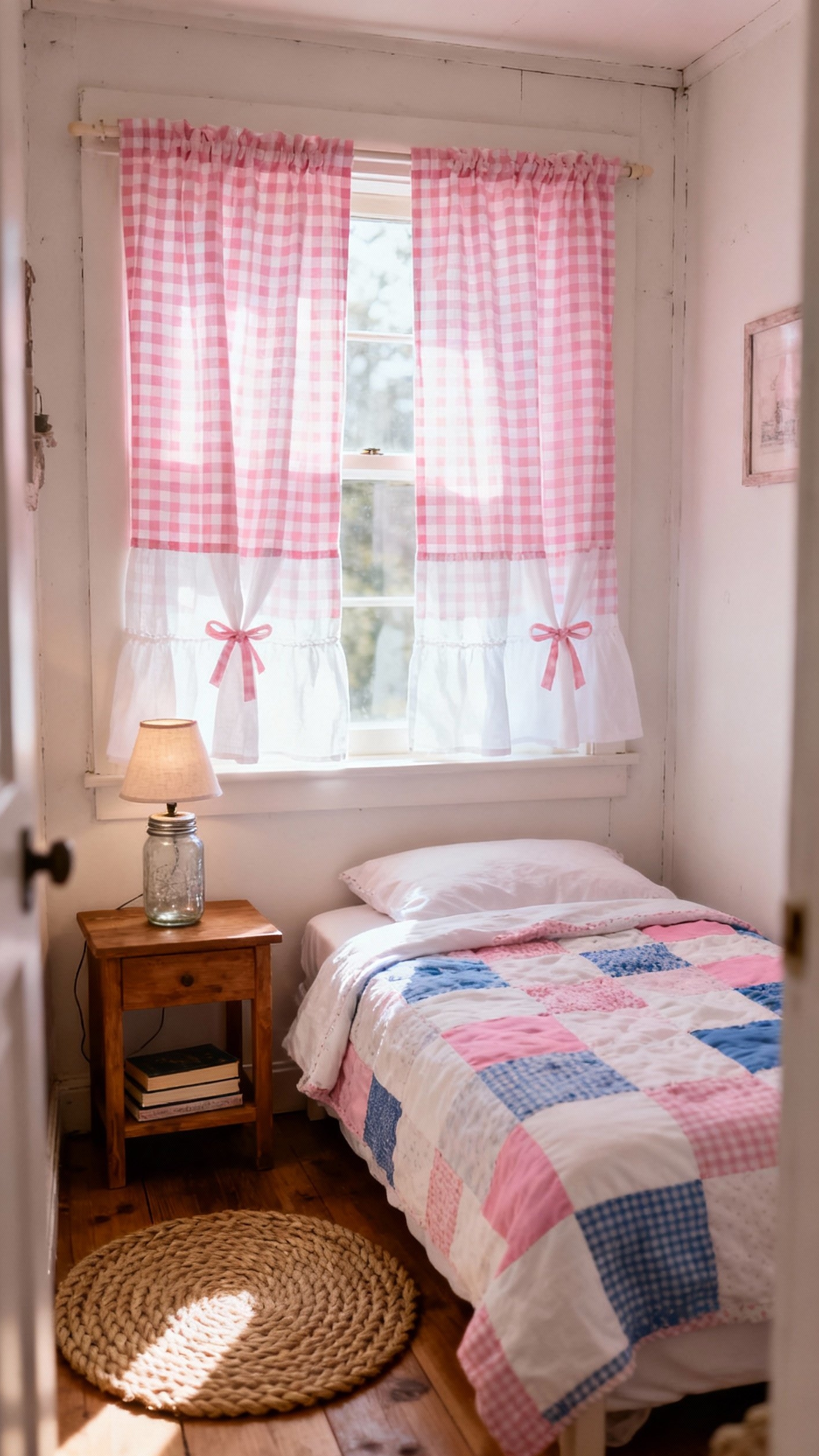 pink curtains bedroom ideas - Pink Curtains: Cozy Bedroom Design Ideas - Gingham cafe curtains in blush and white cotton...
