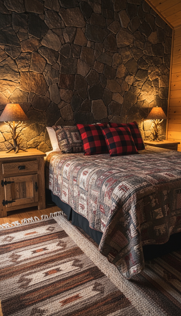 Accent Wall Behind Bed - Stone Accent Wall: Rustic Bedroom Retreat - The stone accent wall immediately draws your eye,...