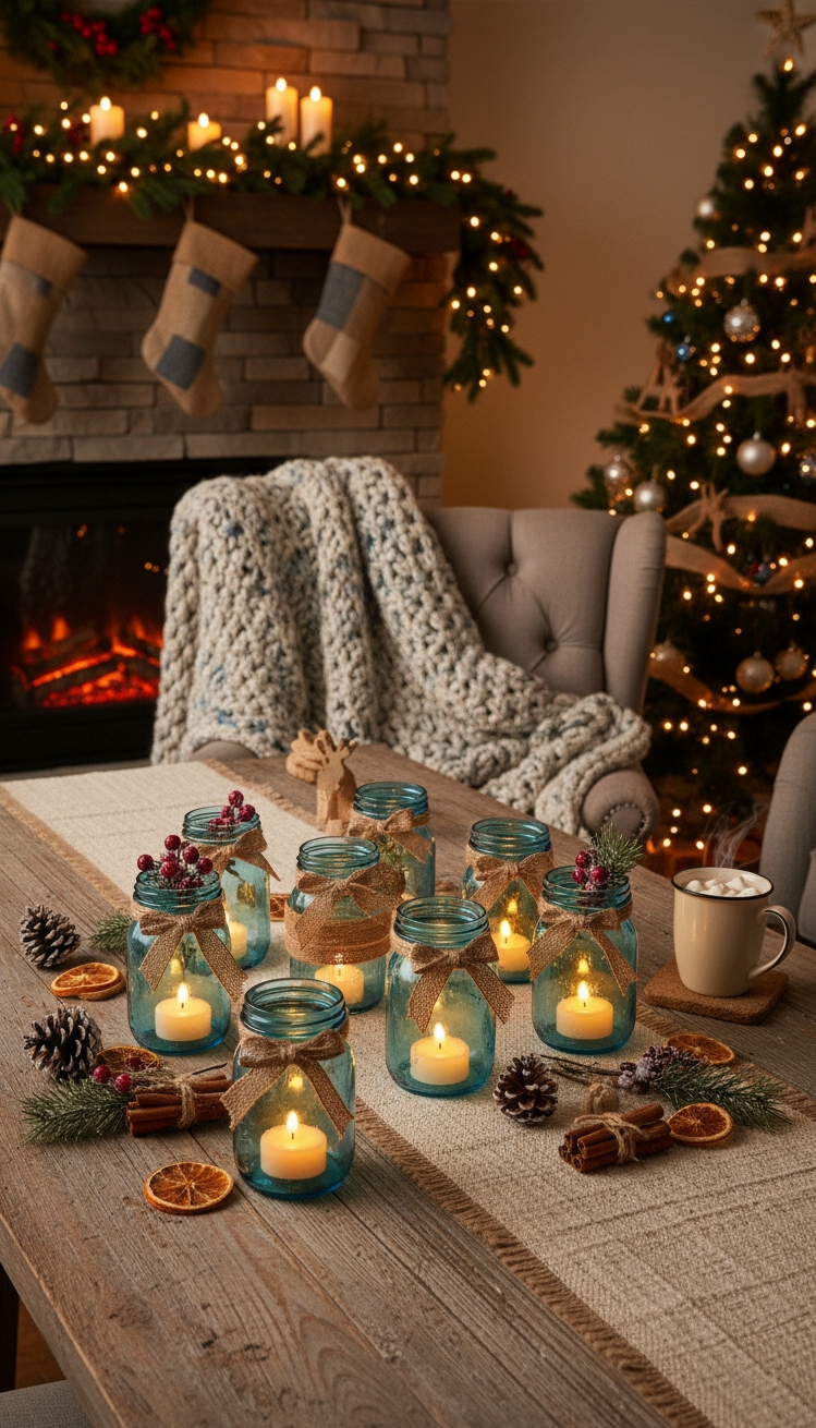 blue christmas decorations ideas - Blue Christmas: Rustic Charm Ideas - The blue mason jar candles steal the show,...